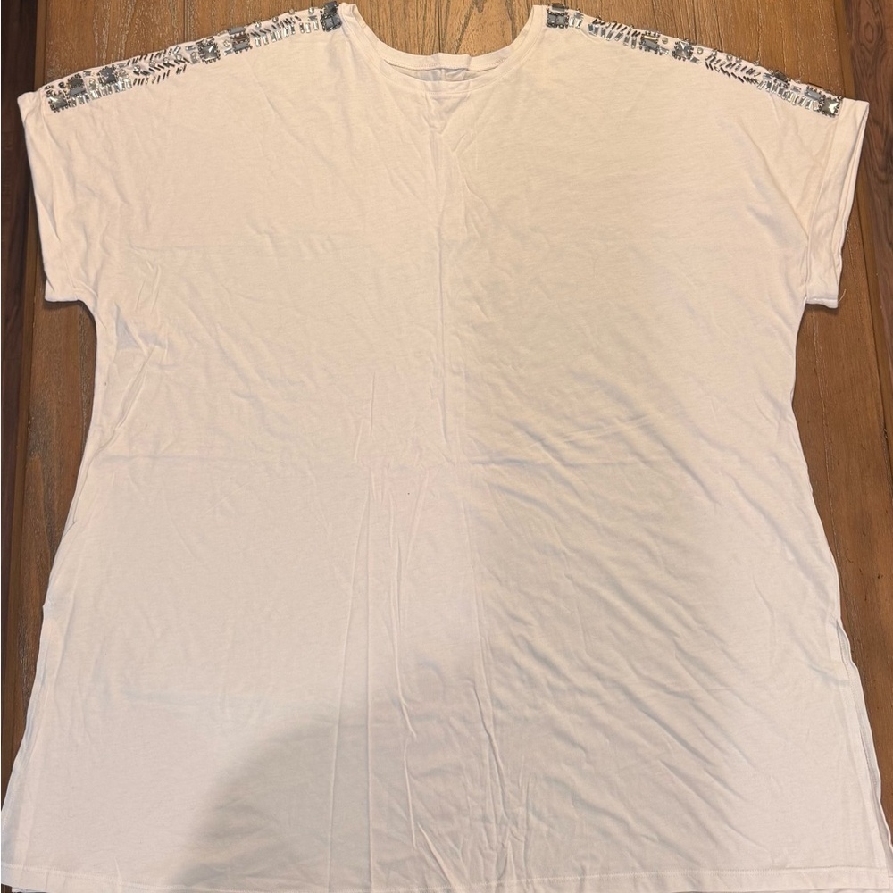 Roaman's White Tee with Stones on the Shoulders
